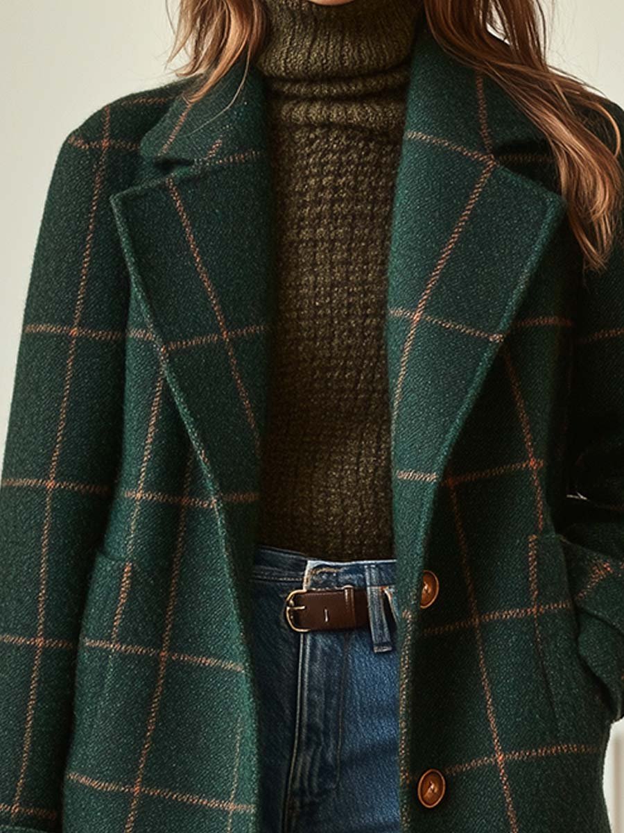 Kaitlyn - Palton din tweed cu carouri și rever retro